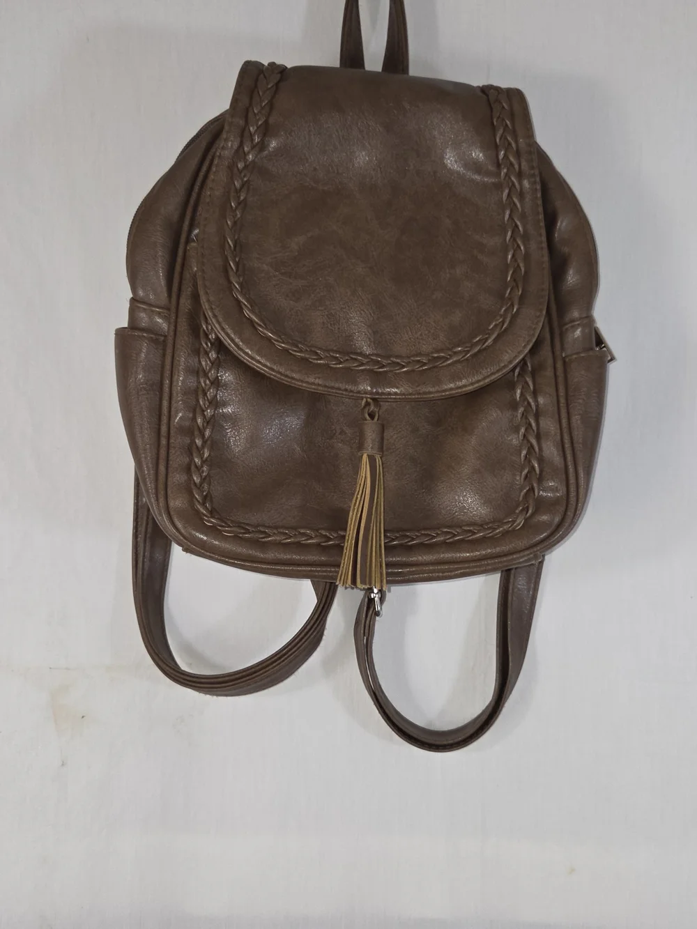 Brown Braided Tassel Backpack - Women's Casual Leather-Style Bag